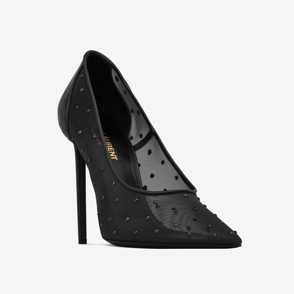SAINT LAURENT Black anja pumps in rhinestone mesh 39.5